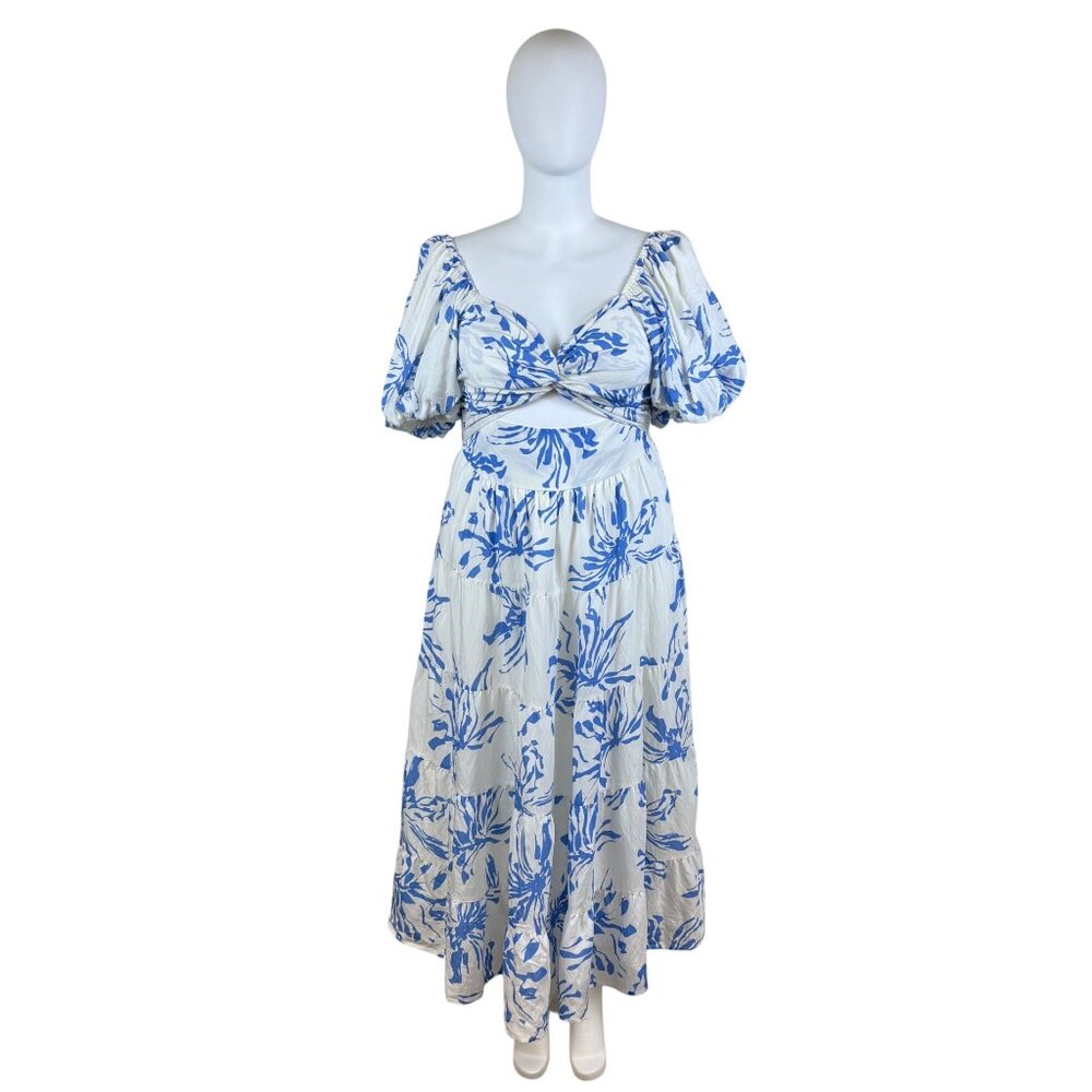 Amica Maxi Dress Blue White Floral Print Puff Sleeves Womens Casual Sz 18